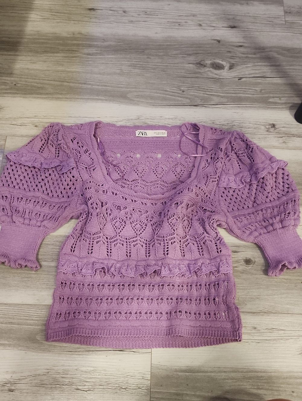 Zara Lilac Open-Knit Ruffle-Trim Sweater